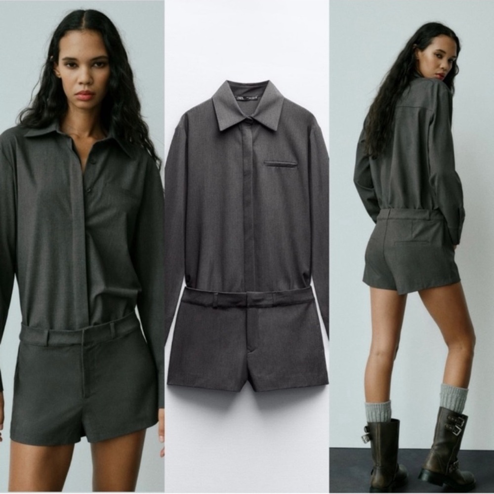Zara Dark Olive Green Long-Sleeve Romper Shorts Button Down Shirt Romper NWT